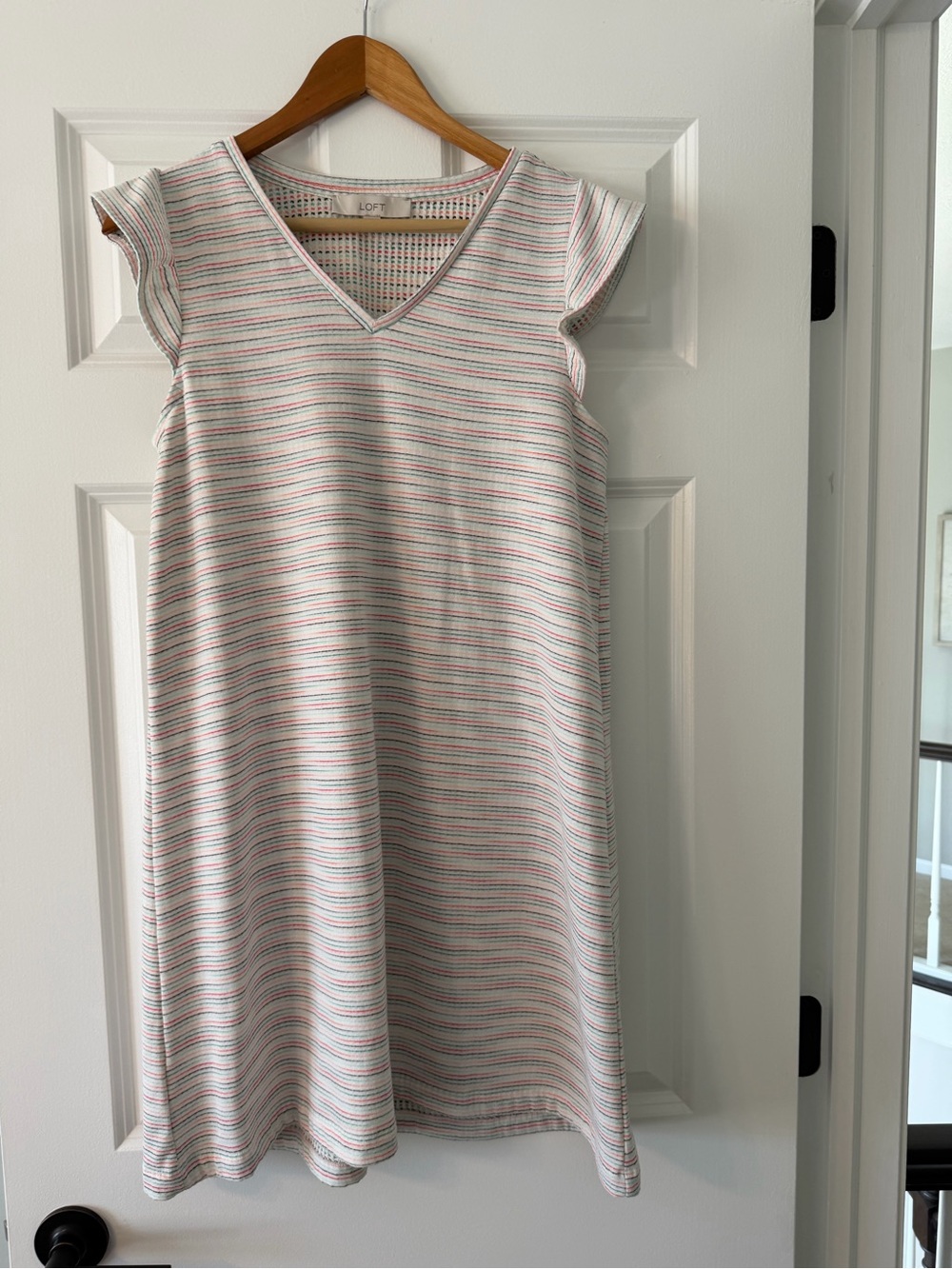 LOFT Cream Knit V‑Neck Midi Dress with Pink & Green Stripes